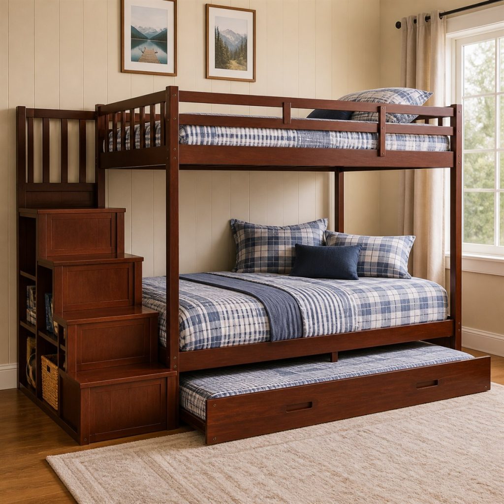 White Bunk with Twin Rolling Drawers shown as a square photorealistic sturdy storage bunk bed bedroom visualization