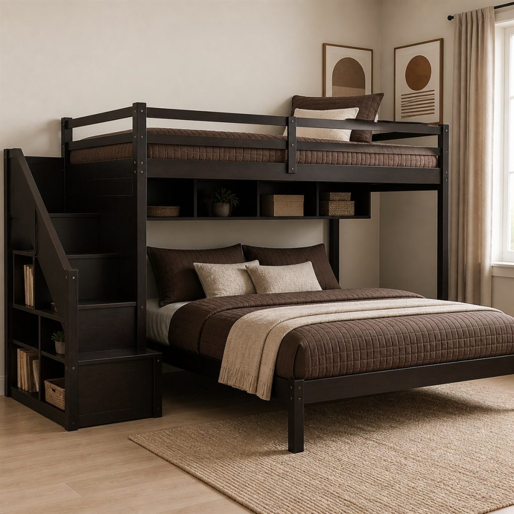 Black Metal Bunk with Straight Ladder shown as a square photorealistic sturdy storage bunk bed bedroom visualization