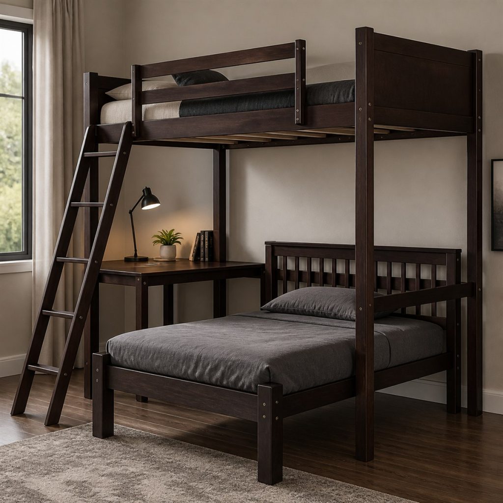 Natural Wood Bunk with Guest Trundle shown as a square photorealistic sturdy storage bunk bed bedroom visualization