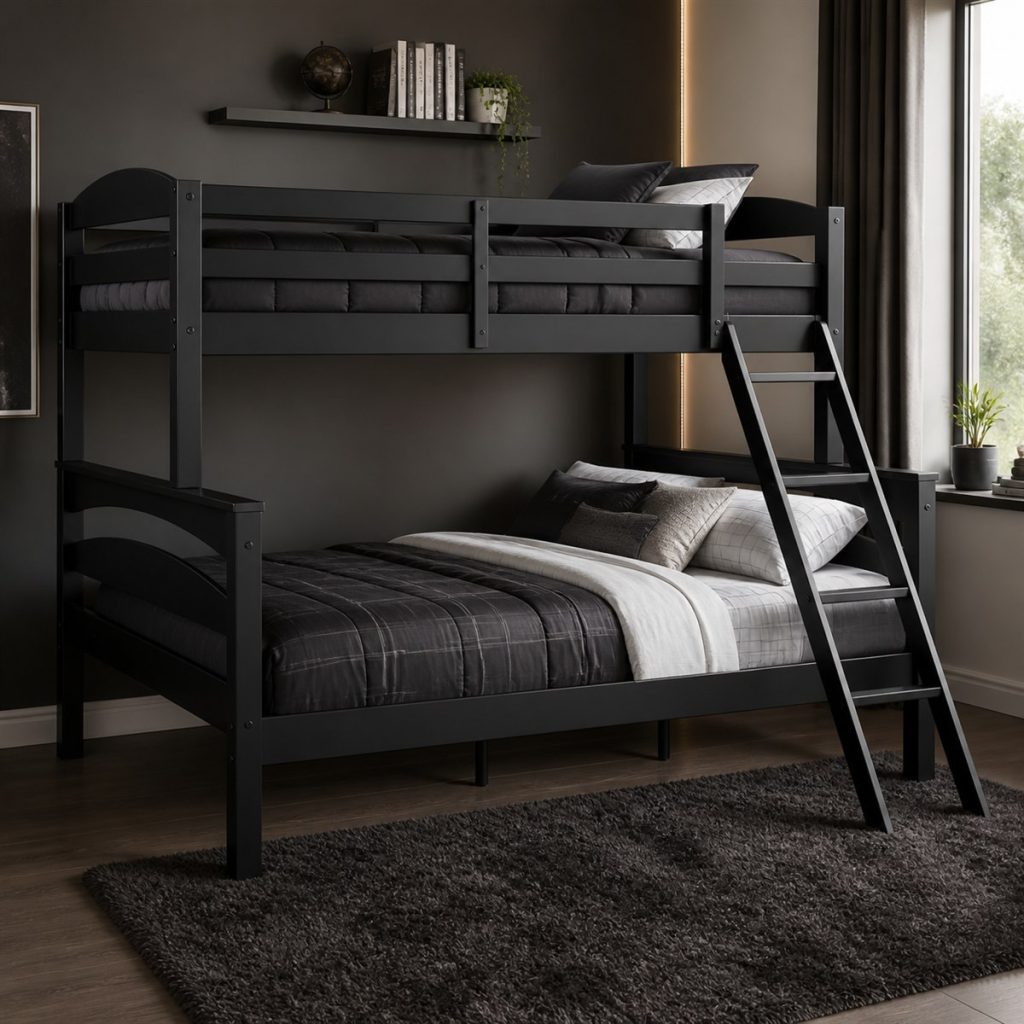 Charcoal Bunk with Wide Drawer Base shown as a square photorealistic sturdy storage bunk bed bedroom visualization