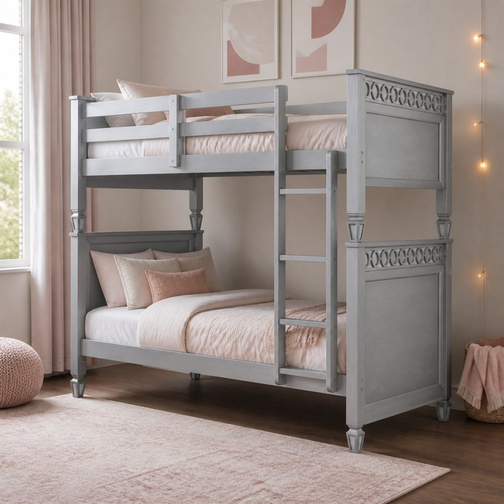 Oak Bunk with Angled Access Ladder shown as a square photorealistic sturdy storage bunk bed bedroom visualization