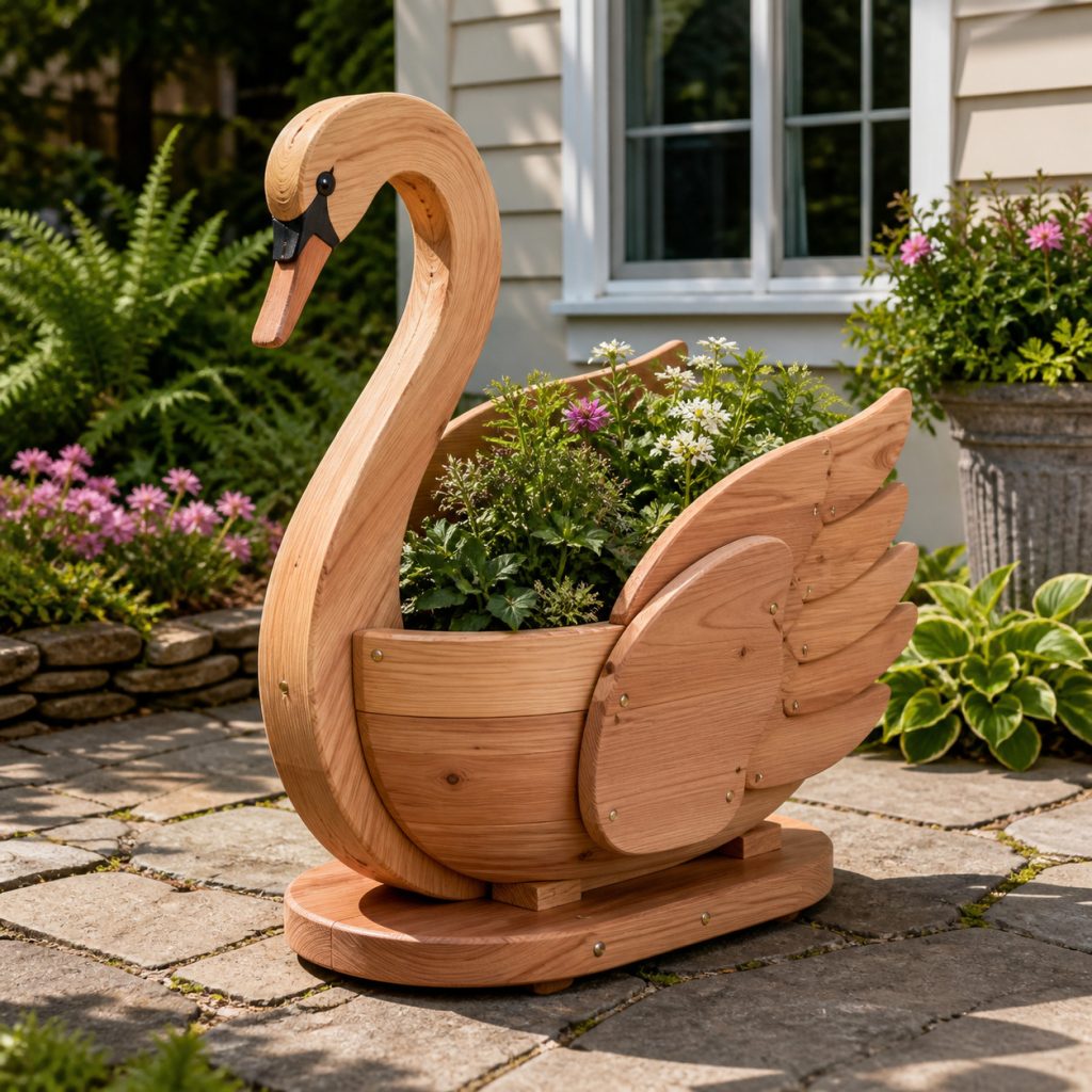 Classic Curved-Neck Swan shown as a square photorealistic cedar garden planter filled with cottage flowers