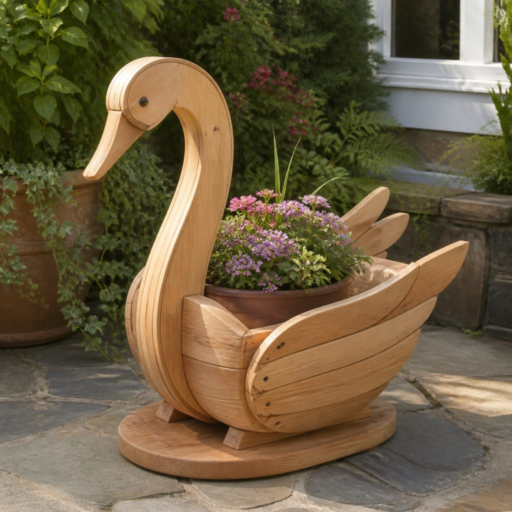 Compact Swan Flower Pot shown as a square photorealistic cedar garden planter filled with cottage flowers