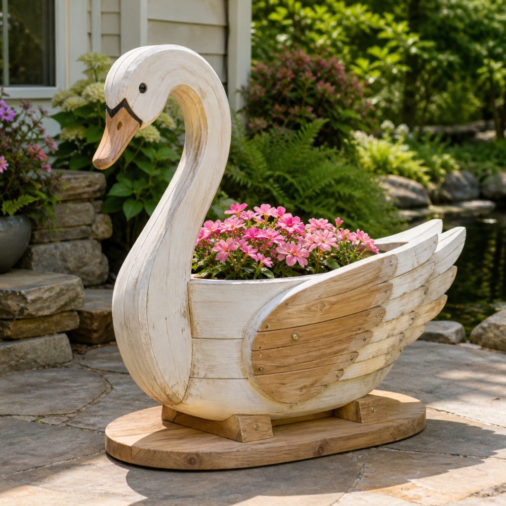Whitewashed Cottage Swan shown as a square photorealistic cedar garden planter filled with cottage flowers