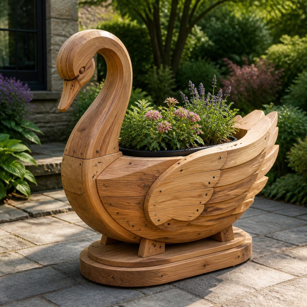 Swan with Garden Bowl shown as a square photorealistic cedar garden planter filled with cottage flowers