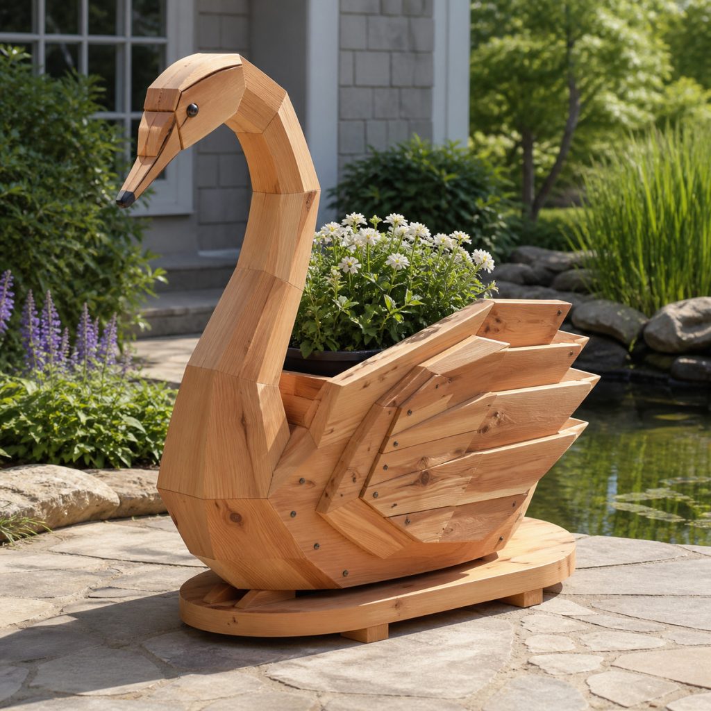 Modern Geometric Swan shown as a square photorealistic cedar garden planter filled with cottage flowers