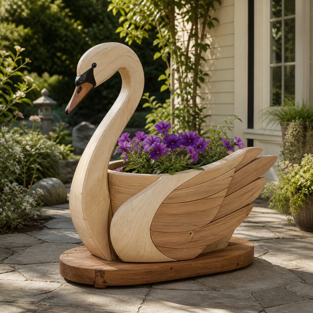 Two-Tone Cedar Swan shown as a square photorealistic cedar garden planter filled with cottage flowers