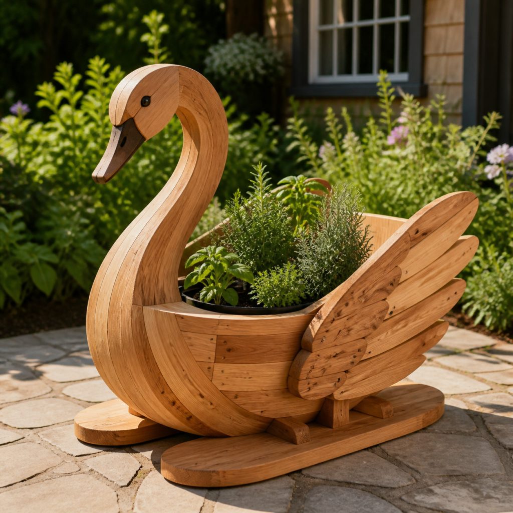 Low Herb-Trough Swan shown as a square photorealistic cedar garden planter filled with cottage flowers