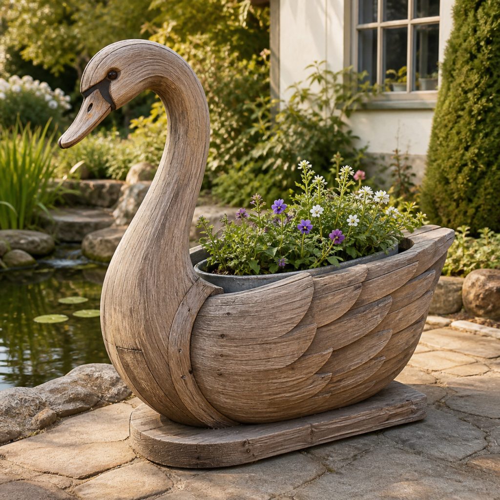 Weathered Pond-Side Swan shown as a square photorealistic cedar garden planter filled with cottage flowers
