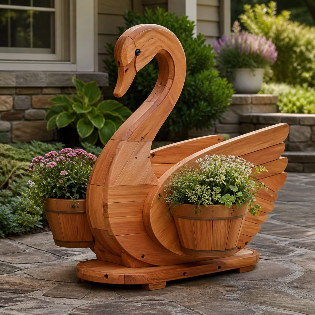 Swan with Twin Flower Pots shown as a square photorealistic cedar garden planter filled with cottage flowers