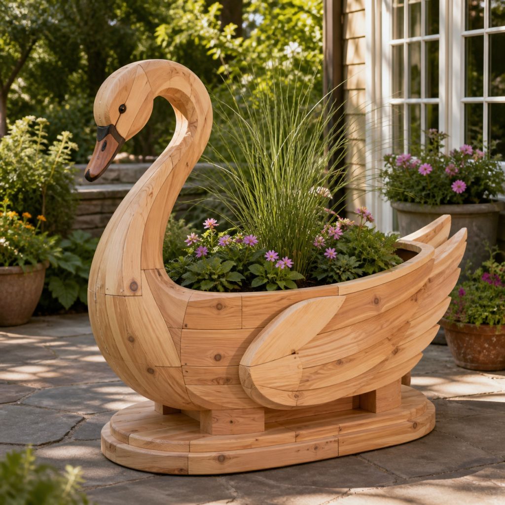 Broad-Base Garden Swan shown as a square photorealistic cedar garden planter filled with cottage flowers