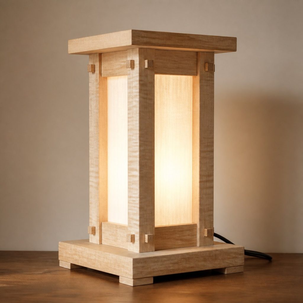 Sycamore Frame Diffuser Table Lamp shown as an original square photorealistic sycamore wood lamp with authentic grain, warm diffused light, and a short dark power cord