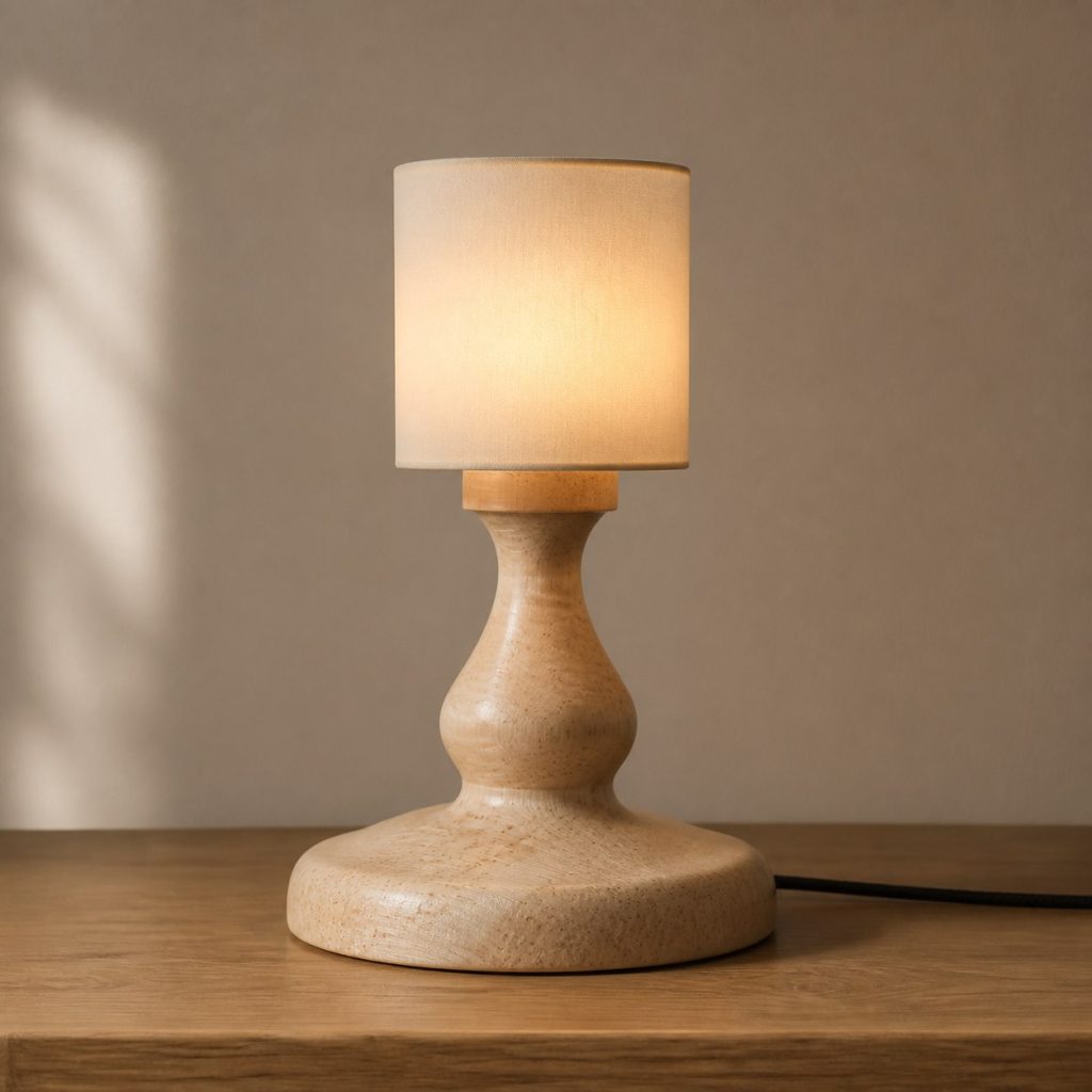 Sycamore Turned Bedside Lamp shown as an original square photorealistic sycamore wood lamp with authentic grain, warm diffused light, and a short dark power cord