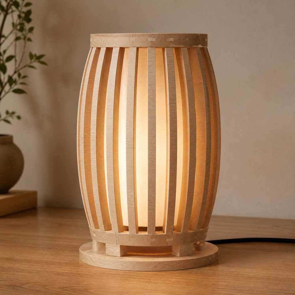Sycamore Slatted Lantern Lamp shown as an original square photorealistic sycamore wood lamp with authentic grain, warm diffused light, and a short dark power cord