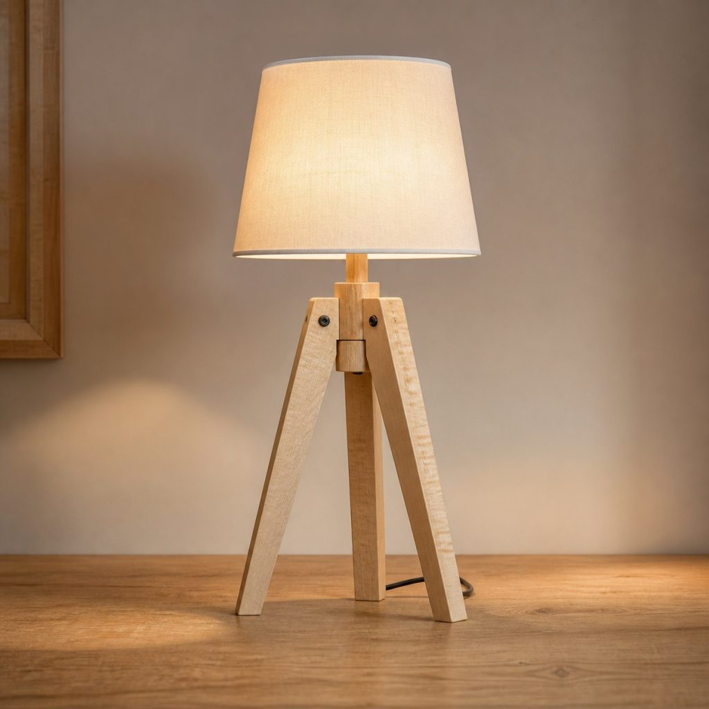 Sycamore Tripod Reading Lamp shown as an original square photorealistic sycamore wood lamp with authentic grain, warm diffused light, and a short dark power cord