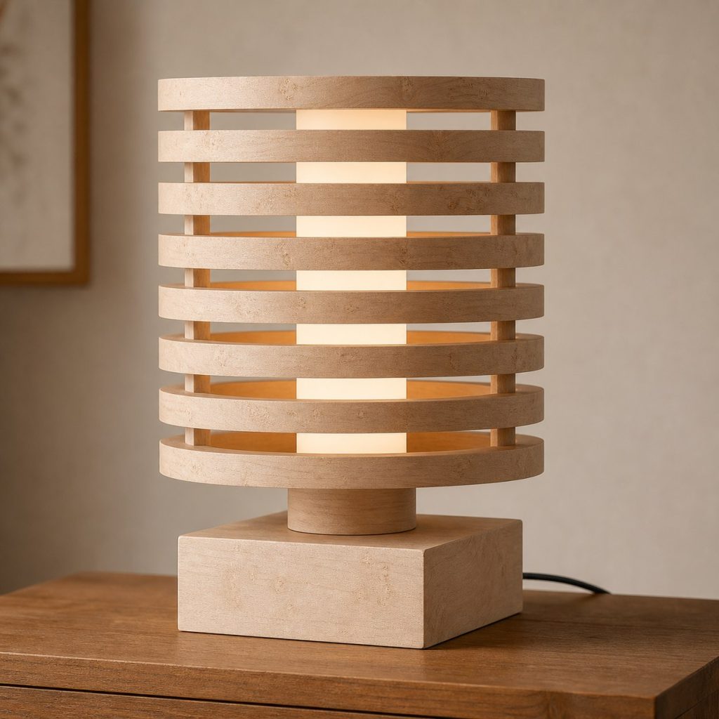 Sycamore Stacked Ring Lamp shown as an original square photorealistic sycamore wood lamp with authentic grain, warm diffused light, and a short dark power cord