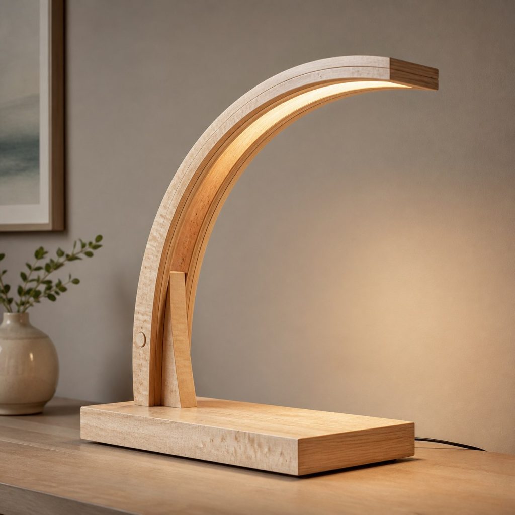 Sycamore Laminated Arch Lamp shown as an original square photorealistic sycamore wood lamp with authentic grain, warm diffused light, and a short dark power cord