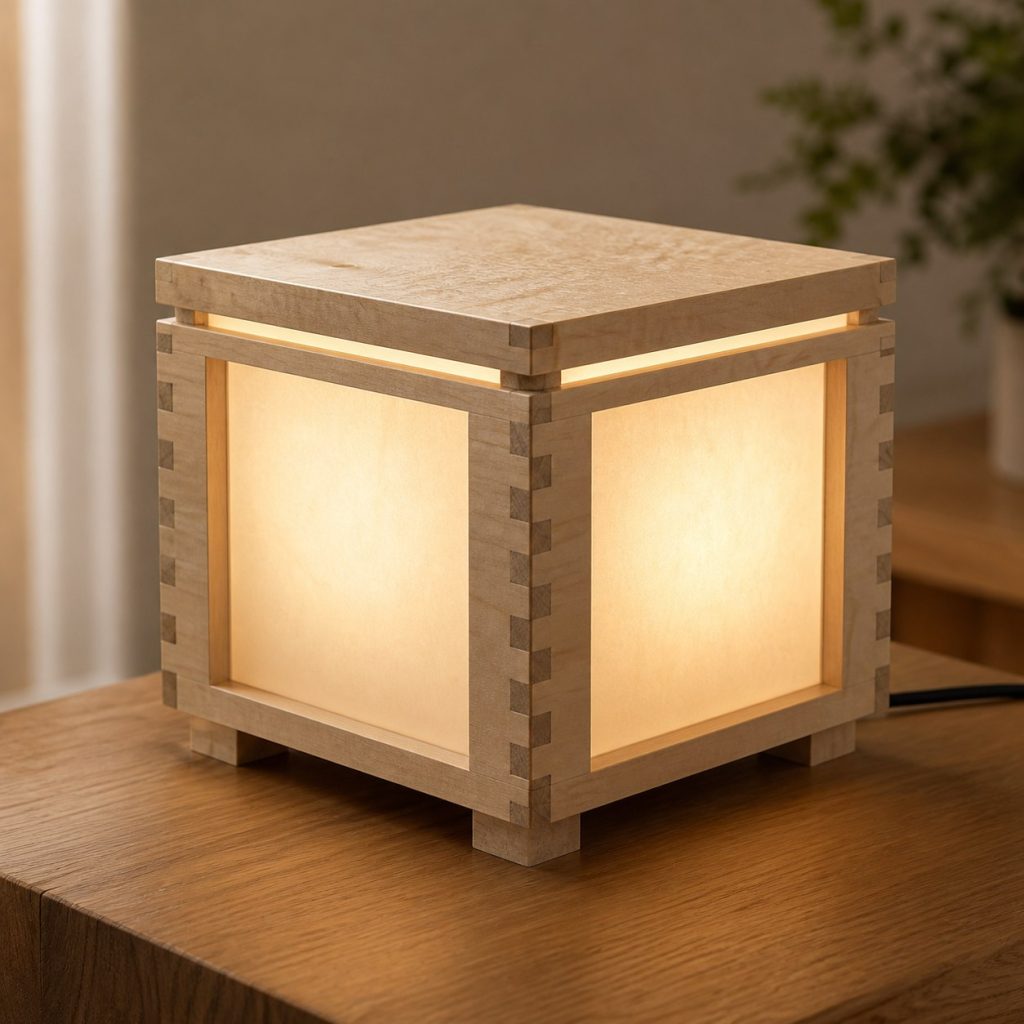Sycamore Box-Jointed Cube Lamp shown as an original square photorealistic sycamore wood lamp with authentic grain, warm diffused light, and a short dark power cord