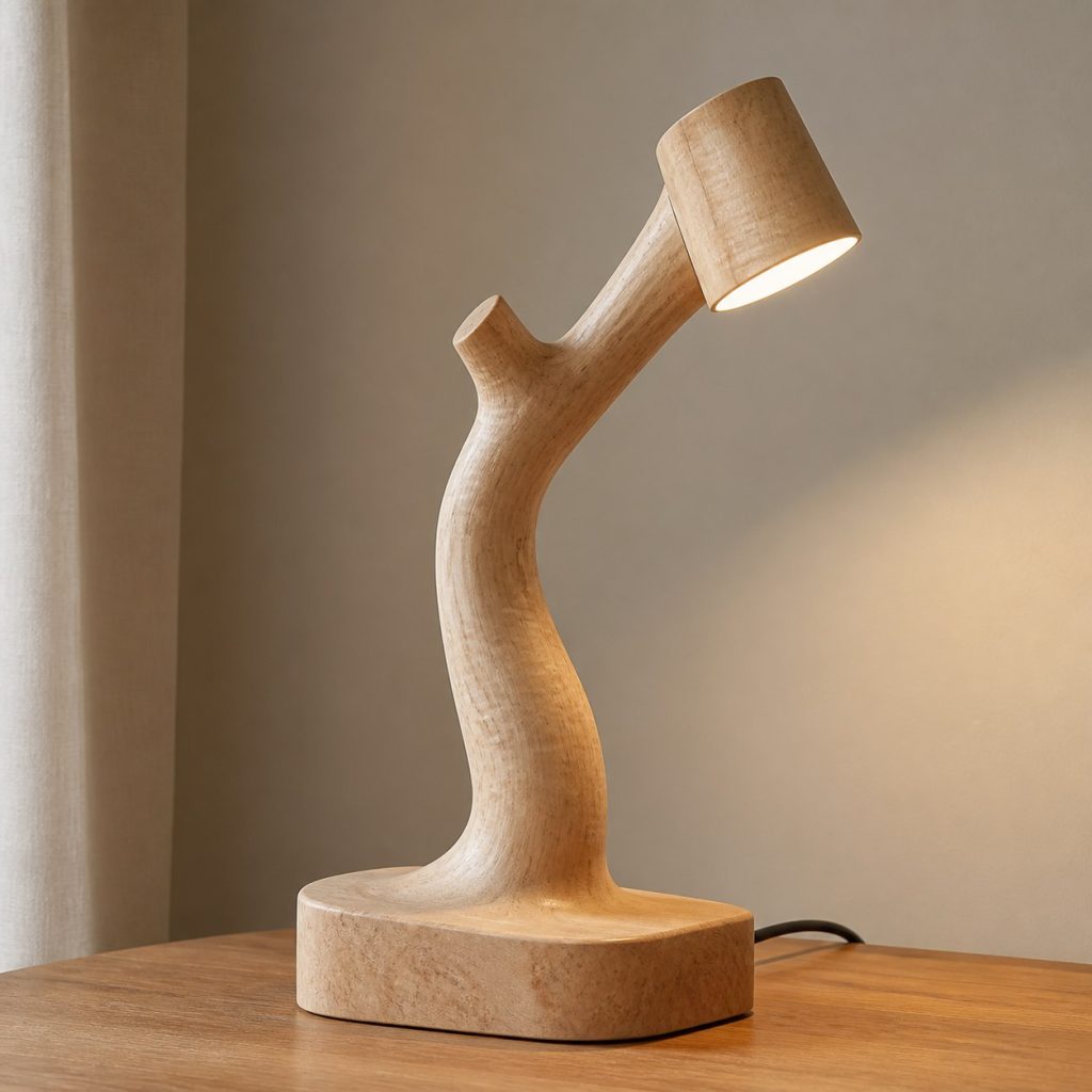 Sycamore Branch Reading Lamp shown as an original square photorealistic sycamore wood lamp with authentic grain, warm diffused light, and a short dark power cord