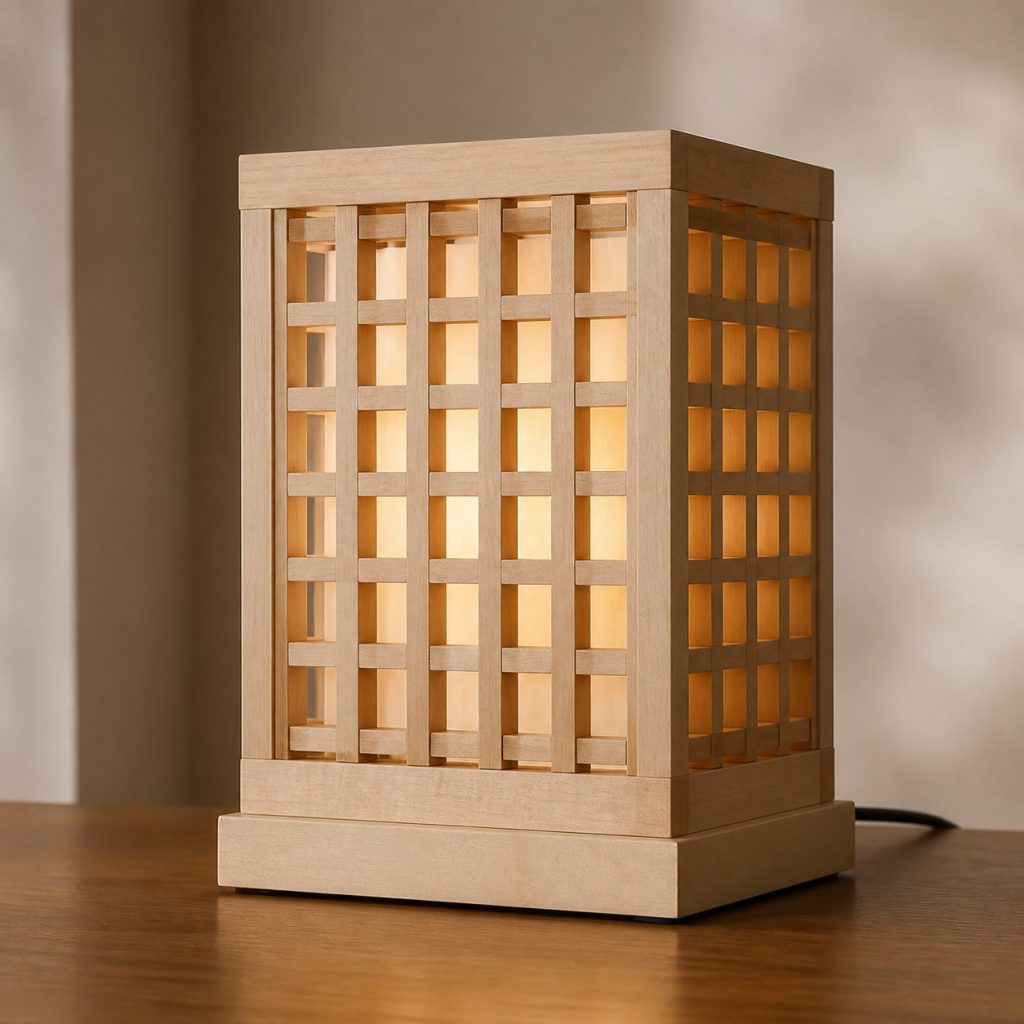 Sycamore Lattice Lamp shown as an original square photorealistic sycamore wood lamp with authentic grain, warm diffused light, and a short dark power cord