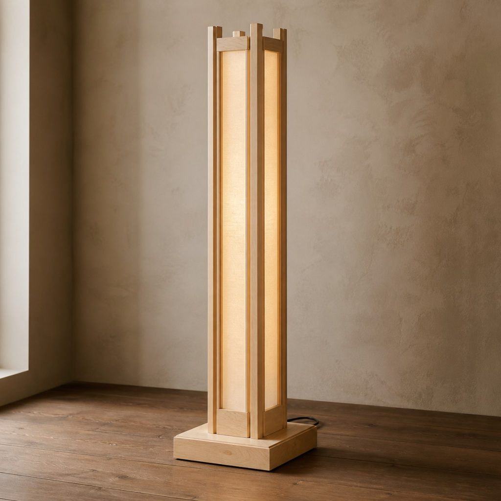 Sycamore Column Floor Lamp shown as an original square photorealistic sycamore wood lamp with authentic grain, warm diffused light, and a short dark power cord