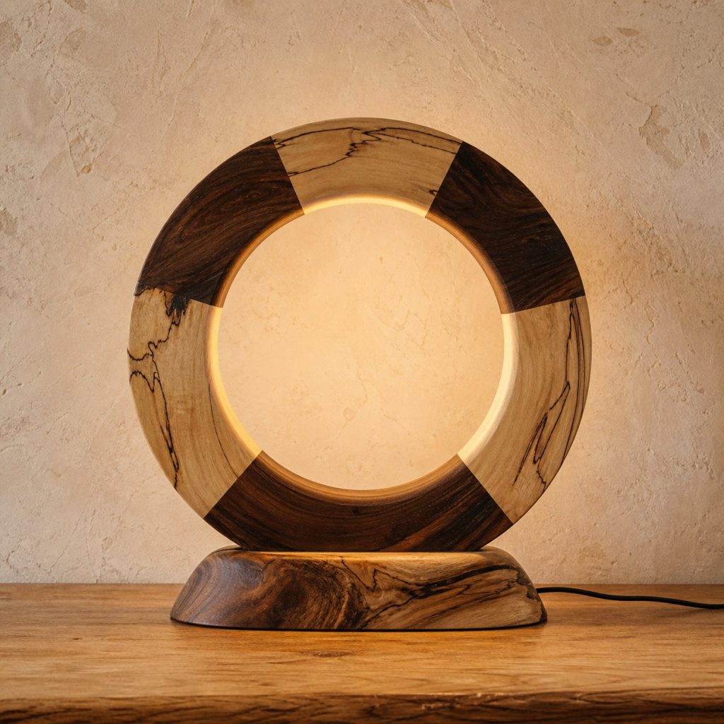 Tamarind Segmented-Orbit Lamp shown as an original square photorealistic tamarind wood lamp with natural creamy sapwood and dark chocolate heartwood grain, distinctive construction, and warm diffused light