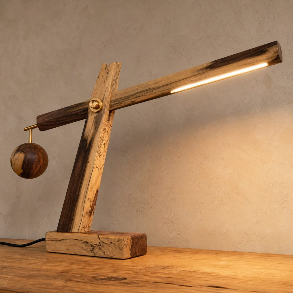 Tamarind Balance-Crane Desk Lamp shown as an original square photorealistic tamarind wood lamp with natural creamy sapwood and dark chocolate heartwood grain, distinctive construction, and warm diffused light