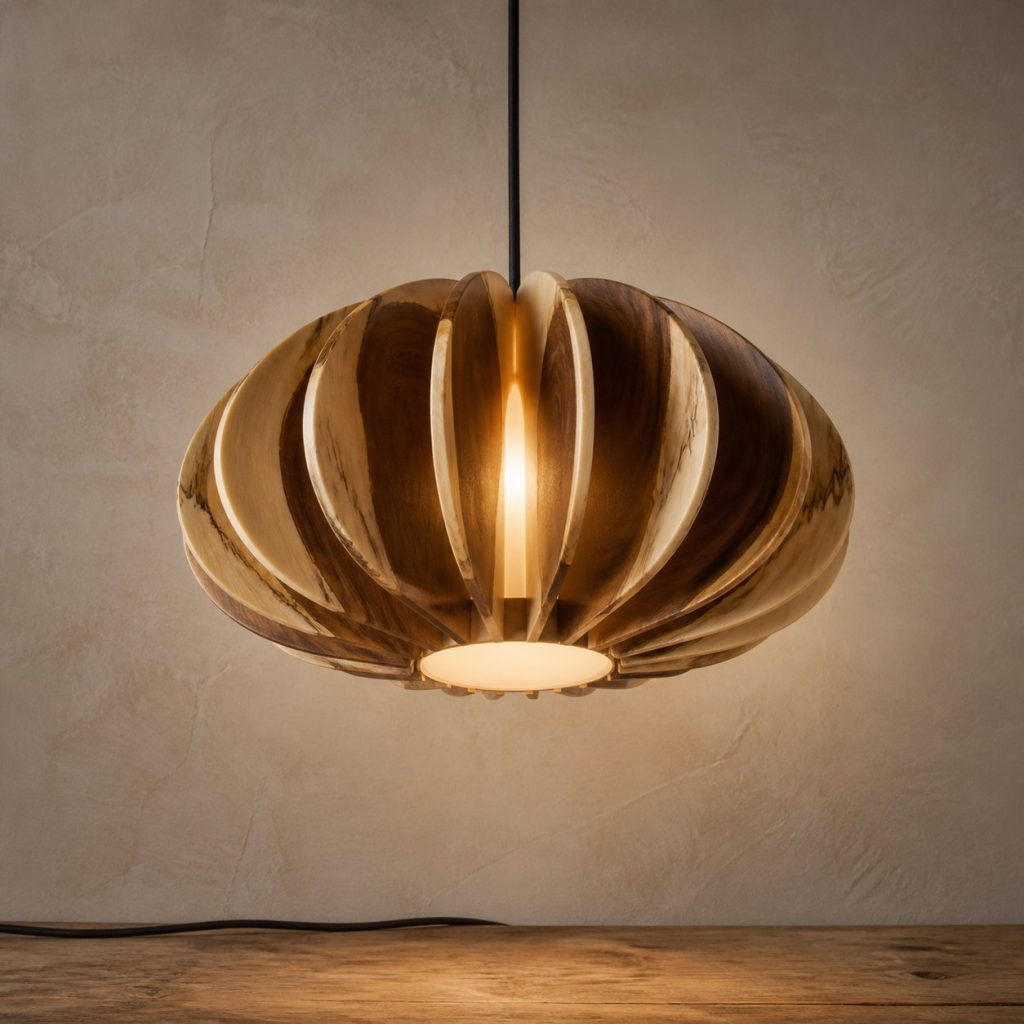 Tamarind Radial-Fan Pendant shown as an original square photorealistic tamarind wood lamp with natural creamy sapwood and dark chocolate heartwood grain, distinctive construction, and warm diffused light