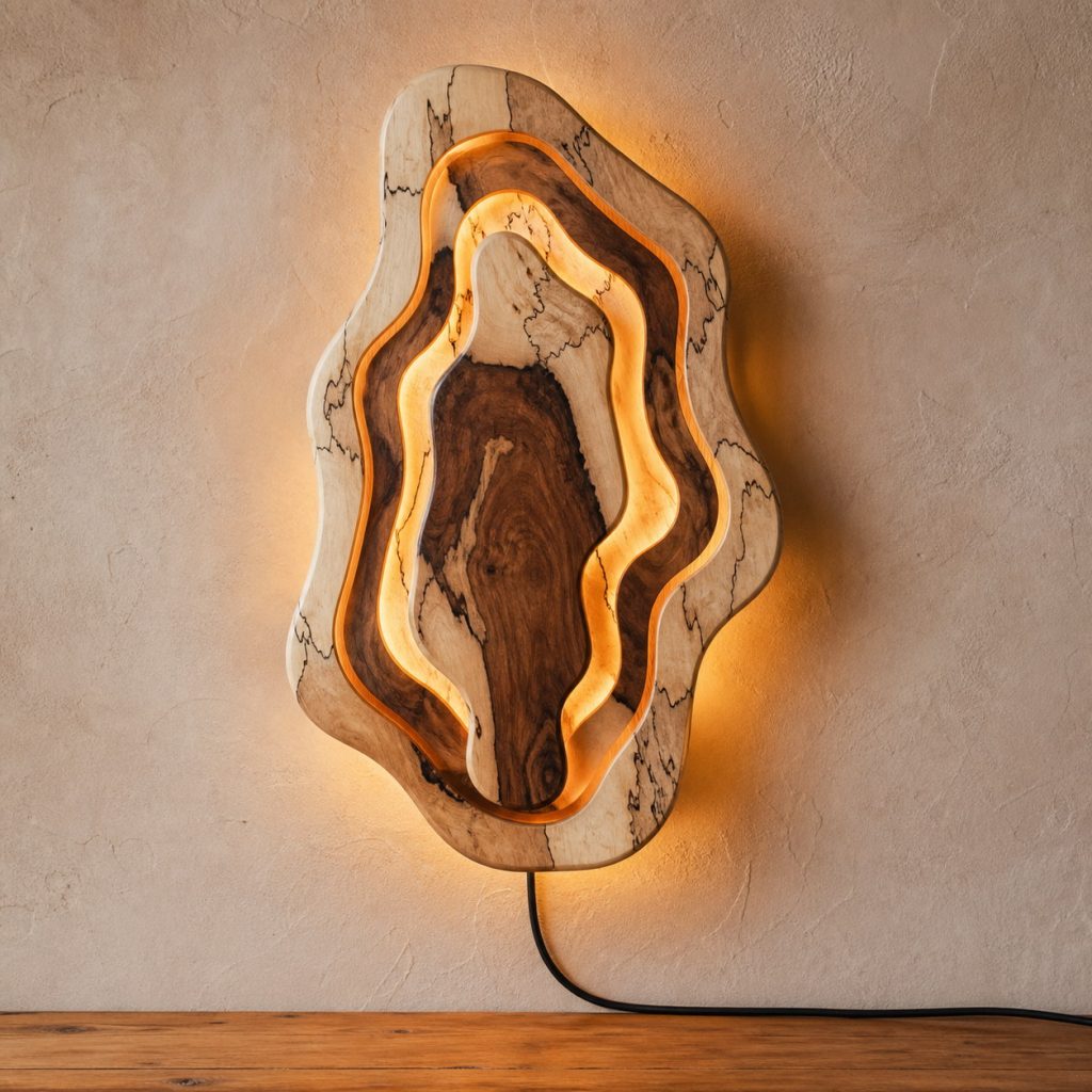 Tamarind Topographic Sconce shown as an original square photorealistic tamarind wood lamp with natural creamy sapwood and dark chocolate heartwood grain, distinctive construction, and warm diffused light