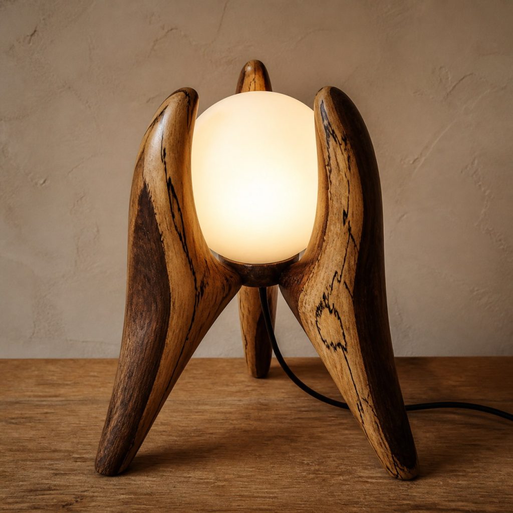 Tamarind Tripod-Orb Lamp shown as an original square photorealistic tamarind wood lamp with natural creamy sapwood and dark chocolate heartwood grain, distinctive construction, and warm diffused light