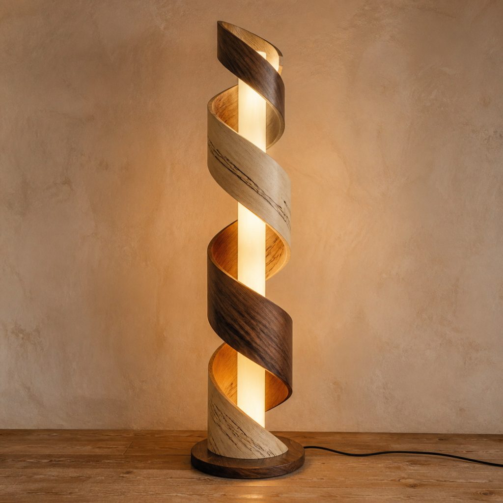 Tamarind Helical-Ribbon Tower shown as an original square photorealistic tamarind wood lamp with natural creamy sapwood and dark chocolate heartwood grain, distinctive construction, and warm diffused light