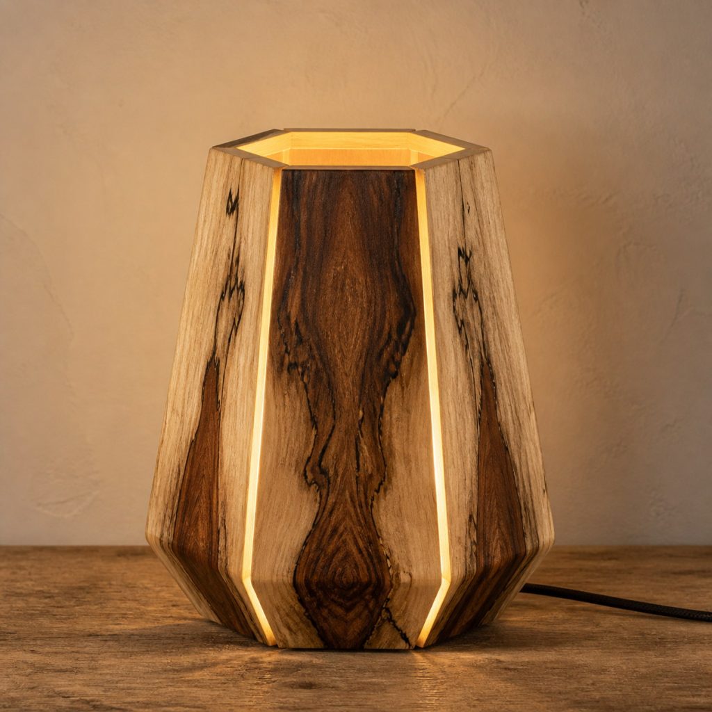Tamarind Hexagonal-Pod Lamp shown as an original square photorealistic tamarind wood lamp with natural creamy sapwood and dark chocolate heartwood grain, distinctive construction, and warm diffused light