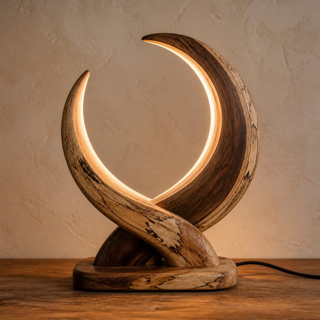 Tamarind Crossed-Crescent Lamp shown as an original square photorealistic tamarind wood lamp with natural creamy sapwood and dark chocolate heartwood grain, distinctive construction, and warm diffused light