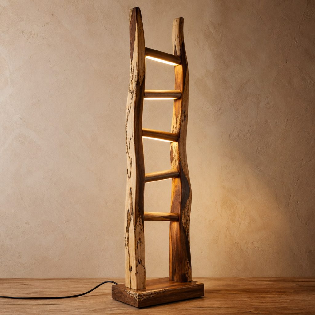 Tamarind Ladder Floor Lamp shown as an original square photorealistic tamarind wood lamp with natural creamy sapwood and dark chocolate heartwood grain, distinctive construction, and warm diffused light