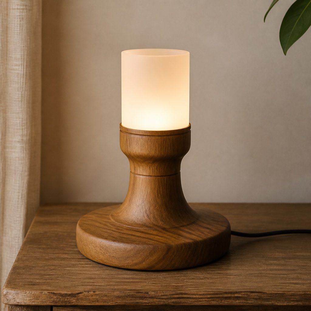 Turned Teak Bedside Lamp shown as an original square photorealistic teak wood lamp with authentic grain, warm diffused light, and a short dark power cord