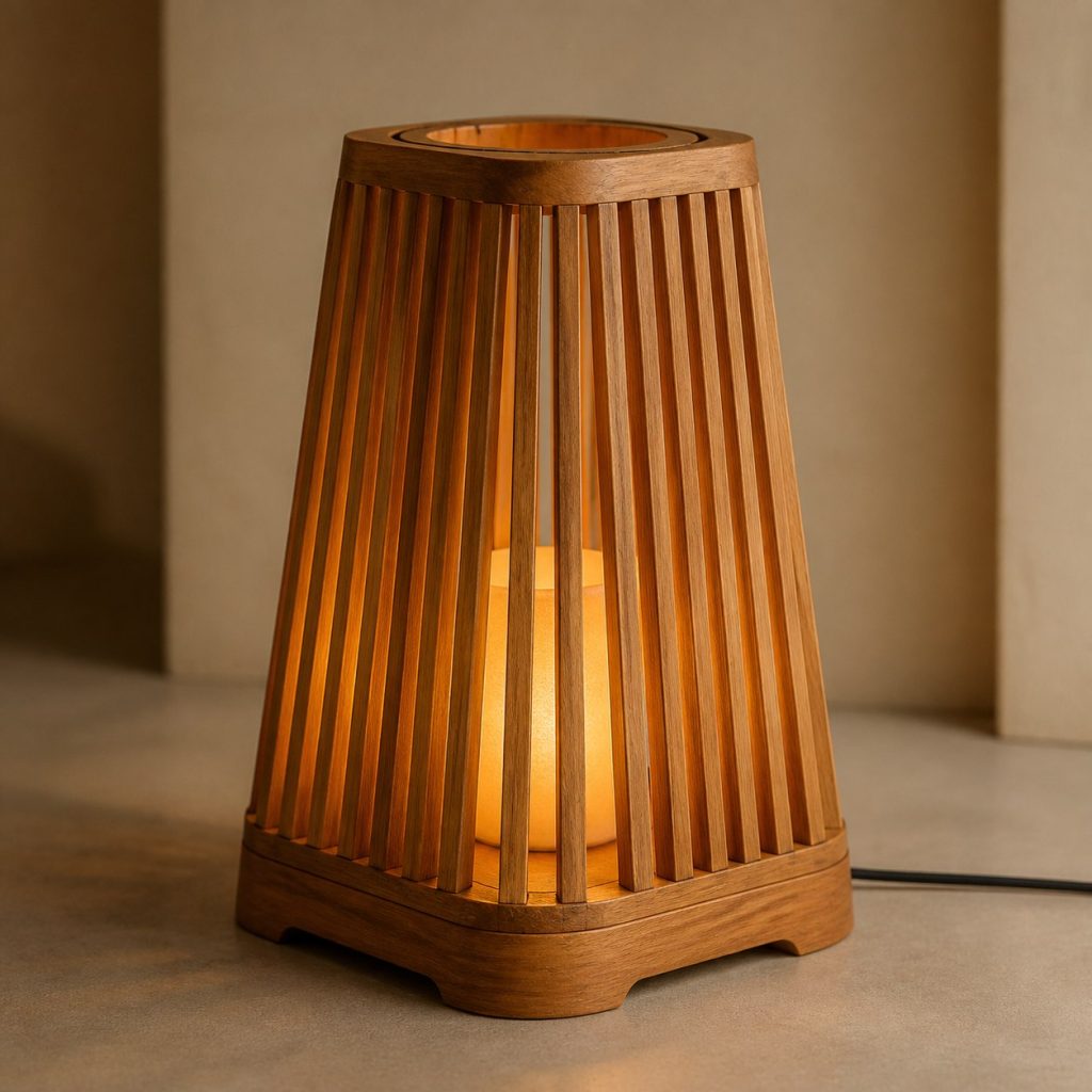 Slatted Teak Lantern Lamp shown as an original square photorealistic teak wood lamp with authentic grain, warm diffused light, and a short dark power cord