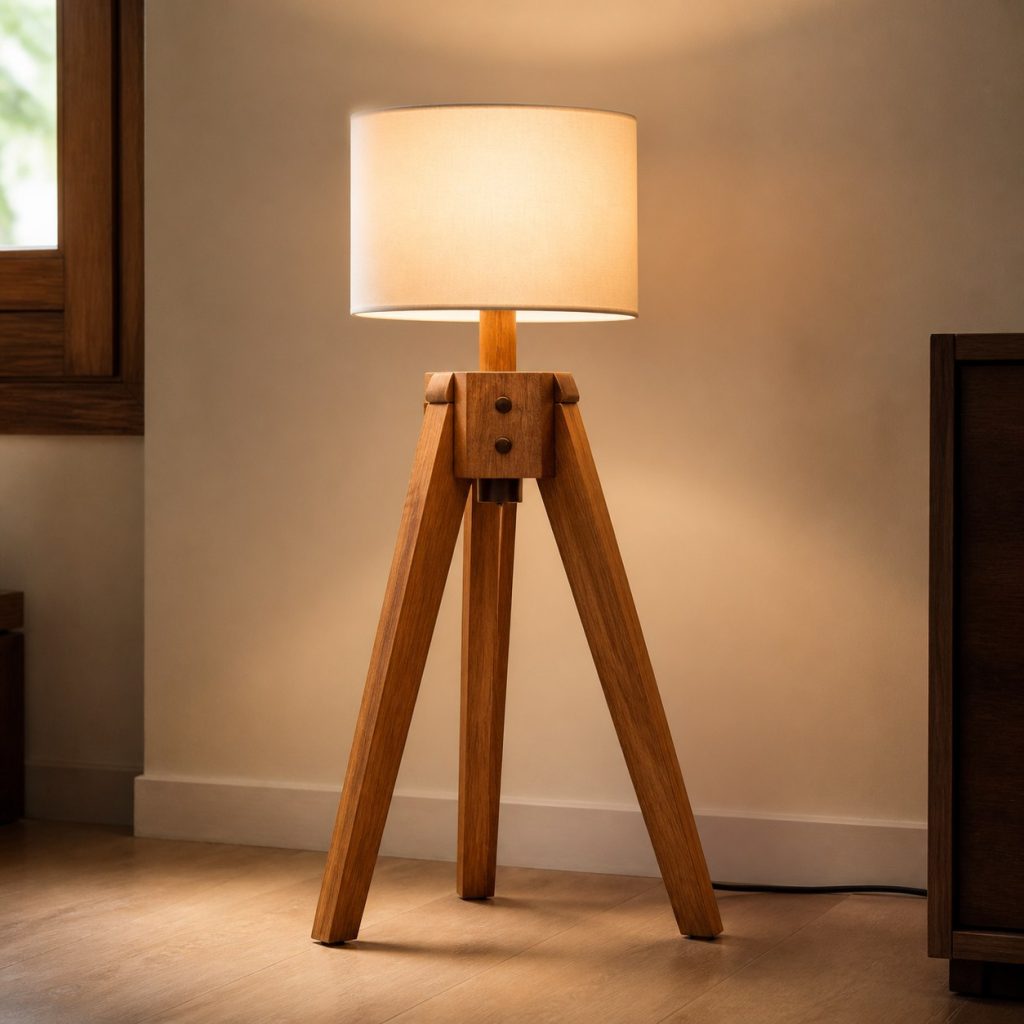 Teak Tripod Reading Lamp shown as an original square photorealistic teak wood lamp with authentic grain, warm diffused light, and a short dark power cord