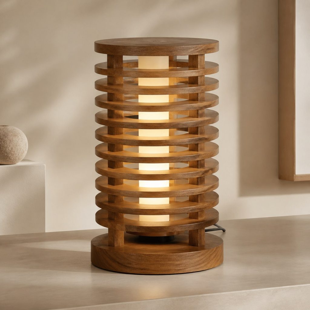 Stacked Teak Ring Lamp shown as an original square photorealistic teak wood lamp with authentic grain, warm diffused light, and a short dark power cord