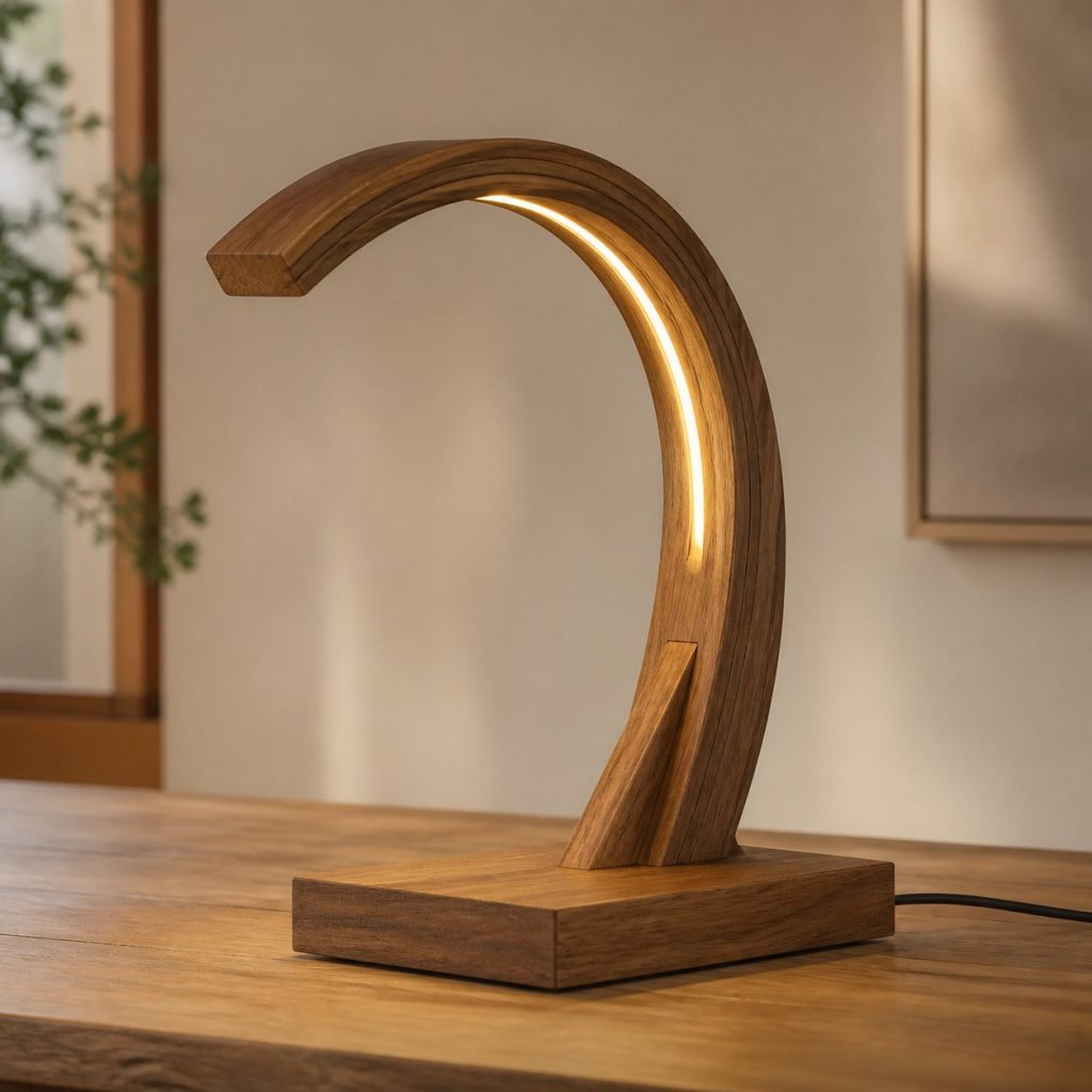 Laminated Teak Arch Lamp shown as an original square photorealistic teak wood lamp with authentic grain, warm diffused light, and a short dark power cord