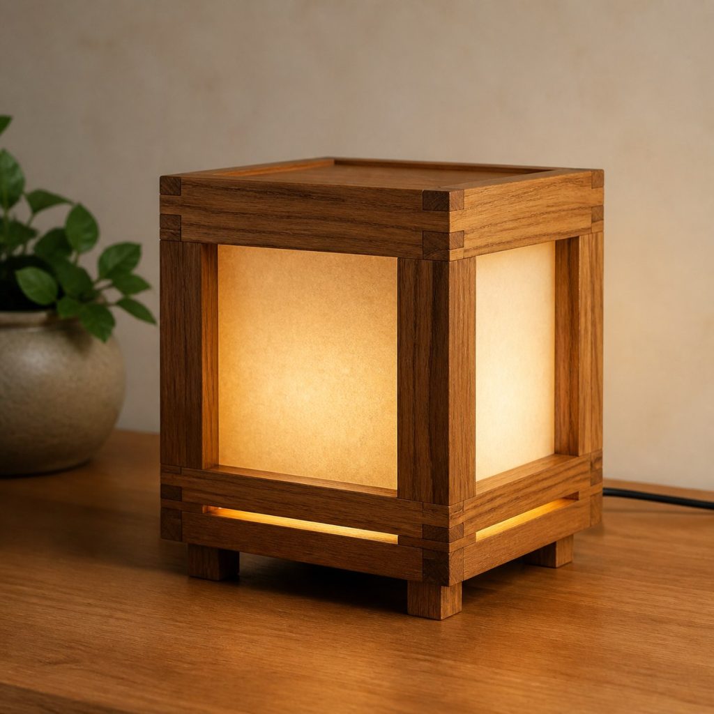 Box-Jointed Teak Cube Lamp shown as an original square photorealistic teak wood lamp with authentic grain, warm diffused light, and a short dark power cord