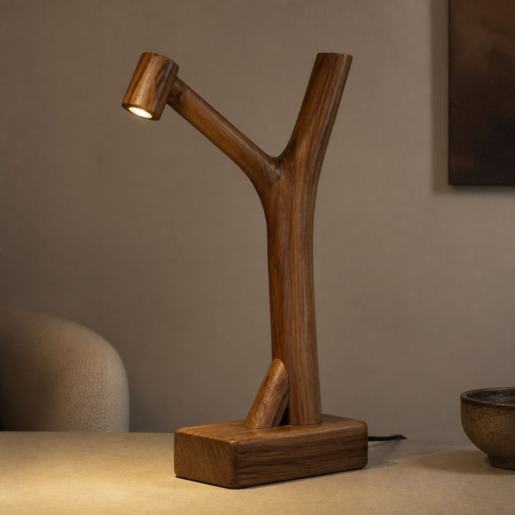 Teak Branch Reading Lamp shown as an original square photorealistic teak wood lamp with authentic grain, warm diffused light, and a short dark power cord