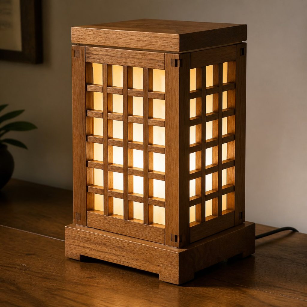 Teak Lattice Lamp shown as an original square photorealistic teak wood lamp with authentic grain, warm diffused light, and a short dark power cord