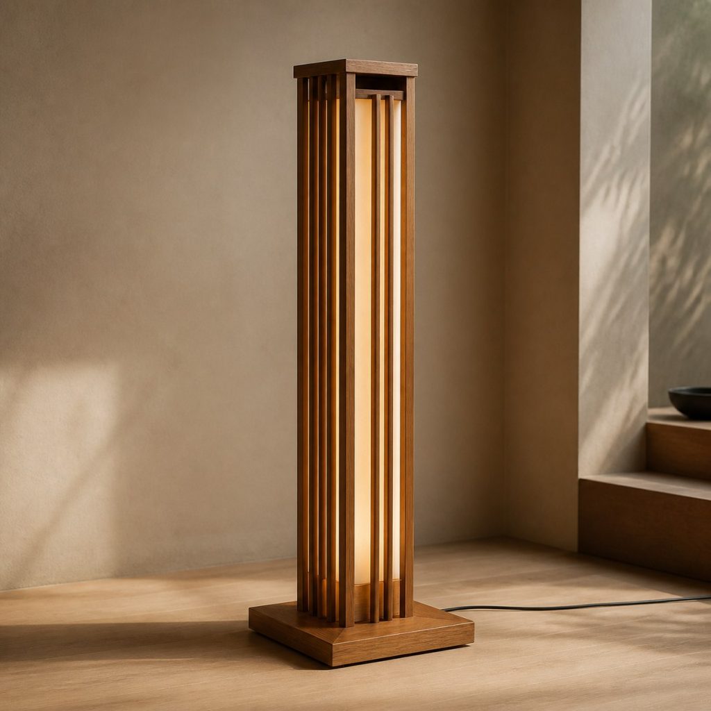 Teak Column Floor Lamp shown as an original square photorealistic teak wood lamp with authentic grain, warm diffused light, and a short dark power cord