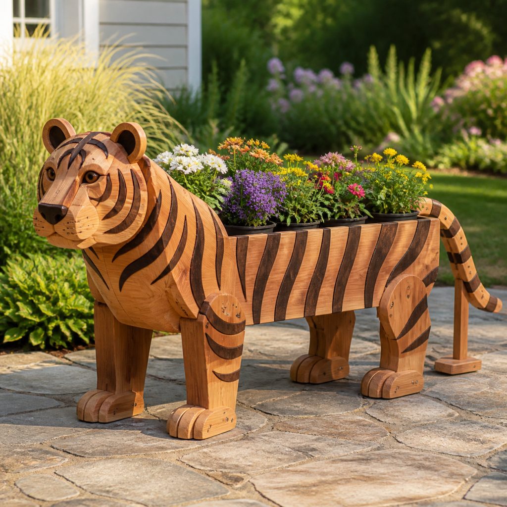 Classic Striped Cedar Tiger shown as a square photorealistic cedar garden planter filled with cottage flowers