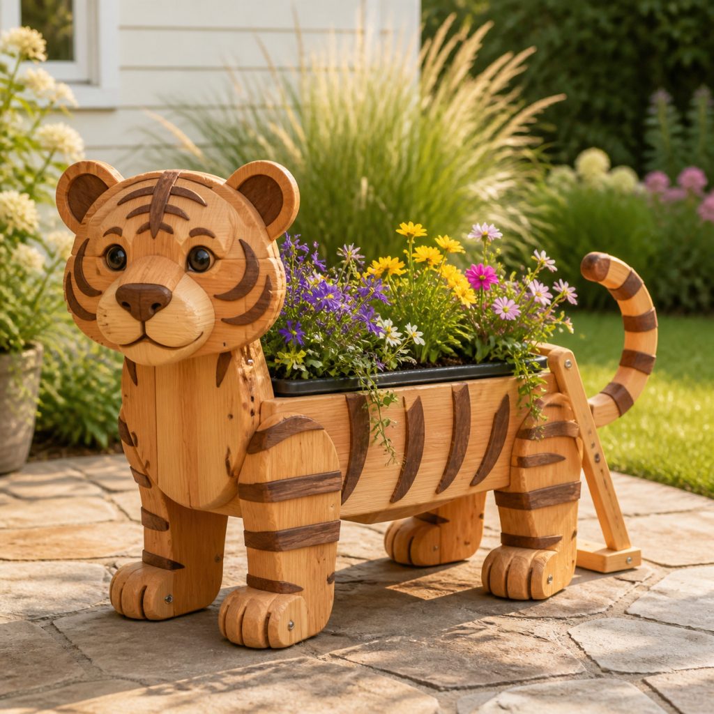 Compact Tiger Cub Planter shown as a square photorealistic cedar garden planter filled with cottage flowers