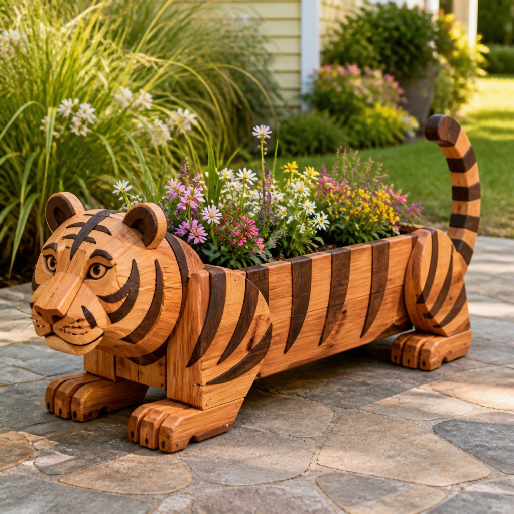 Low Jungle Tiger Trough shown as a square photorealistic cedar garden planter filled with cottage flowers