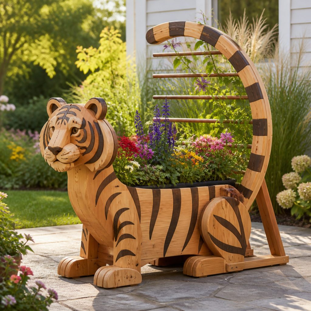 Tiger with Tail Trellis shown as a square photorealistic cedar garden planter filled with cottage flowers