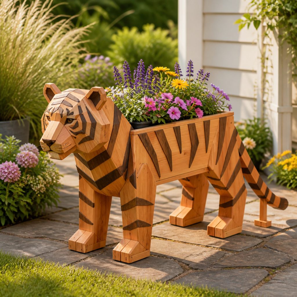 Modern Geometric Tiger shown as a square photorealistic cedar garden planter filled with cottage flowers