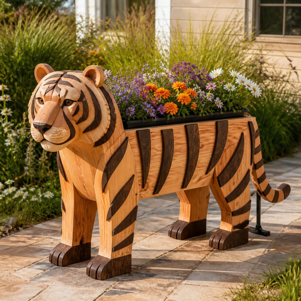 Two-Tone Dark-Stripe Tiger shown as a square photorealistic cedar garden planter filled with cottage flowers