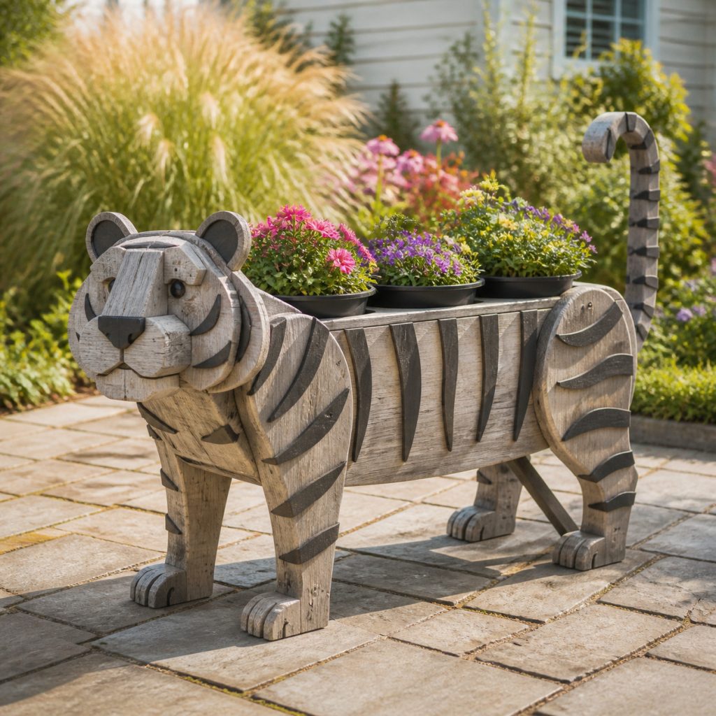 Weathered Cottage Tiger shown as a square photorealistic cedar garden planter filled with cottage flowers
